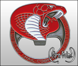Hail Cobra Red Cobra Coin bottle opener. 2D image with red and white enamel colors.