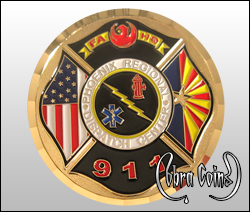 Phoenix Fire Department Challenge coin Phoenix Regional Dispatch Center with wave edge cuts. Shiny Gold.